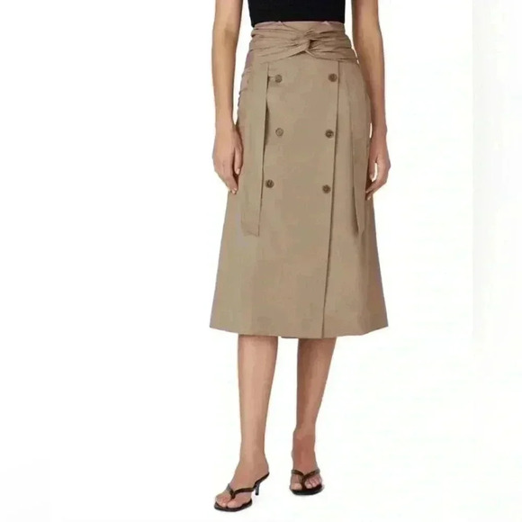 Rokh Midi Skirt 38 4 S Brown Beige Tan Twist Front Button Embellished Cotton - Picture 2 of 16